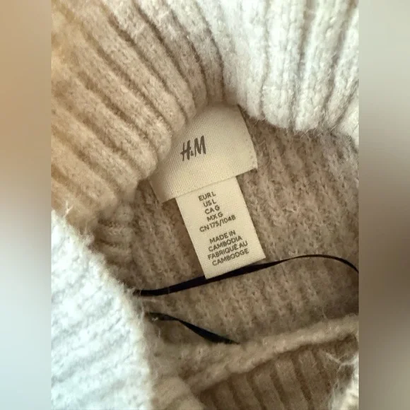 H&M cream grey oatmeal black striped turtleneck sweater size L - Picture 10 of 11